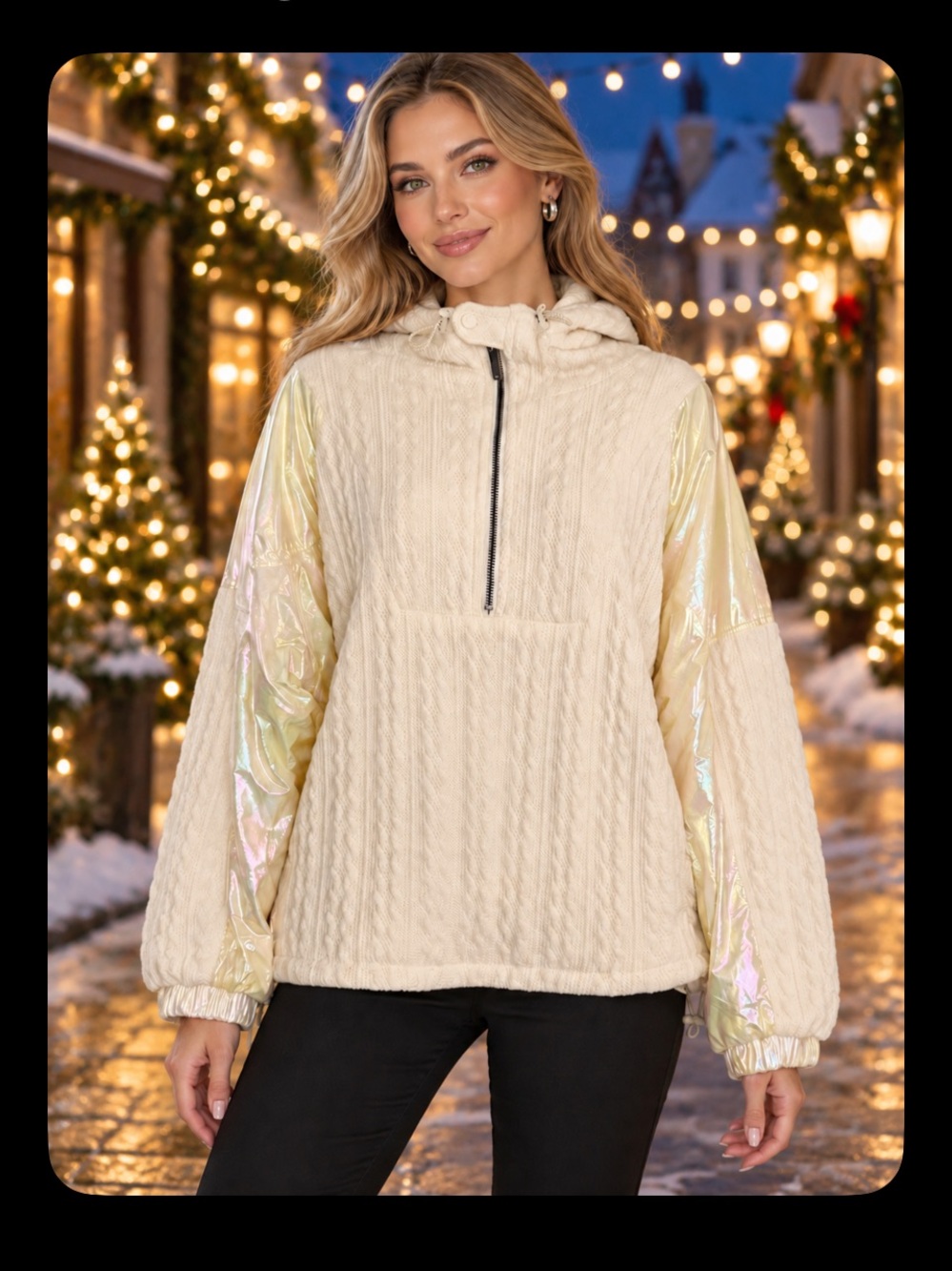 Free People Cozy Cream Cable Knit Hoodie with Iridescent Sleeves M NWT